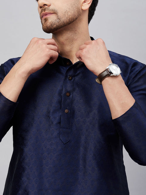 Men's Navy Blue Woven Kurta With Pant Set